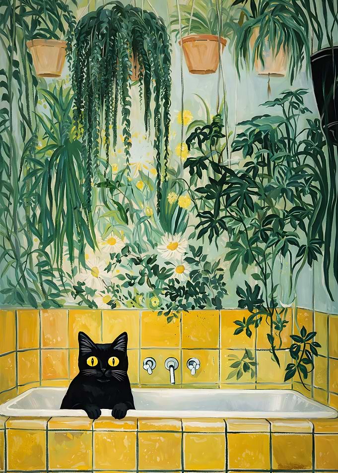 Black Cat in Yellow Tiled Bathtub
