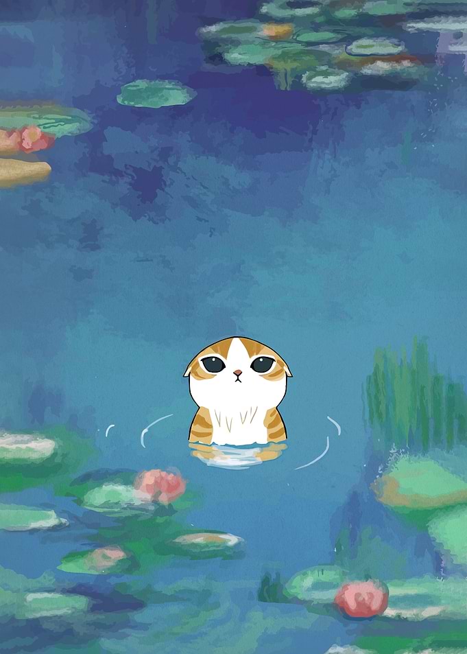 Cute Cat in a Water Lily Pond