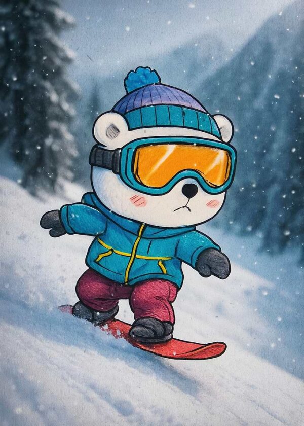 Snowboard Bear Cute Cartoon Poster