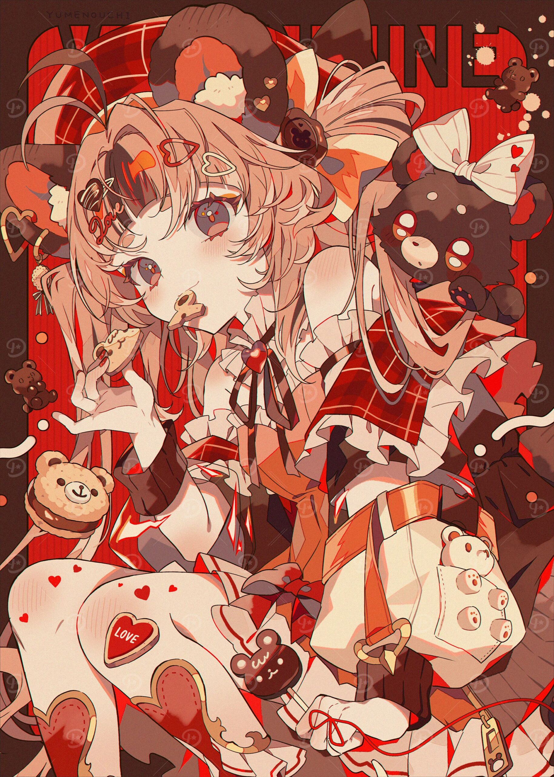 Anime Girl with Teddy Bears and Cookies
