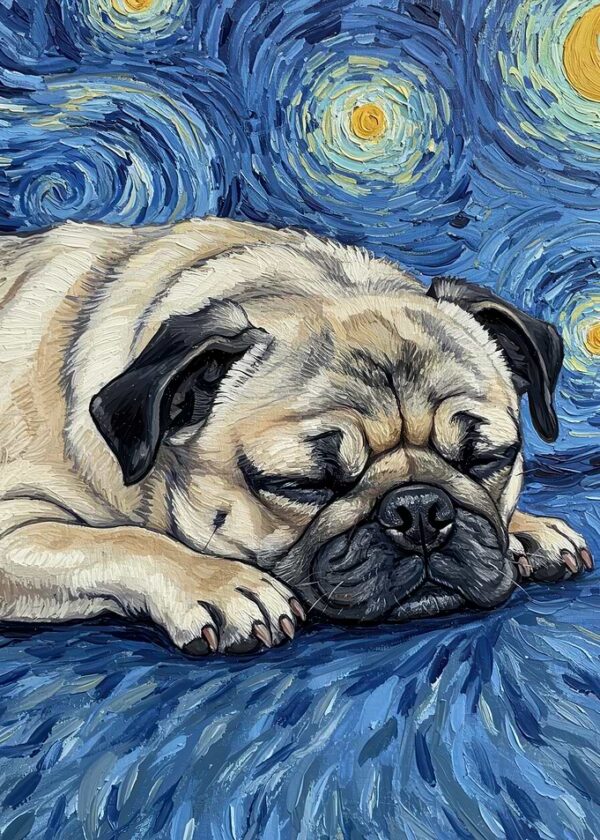 Pug Sleeping Starry Night Painting