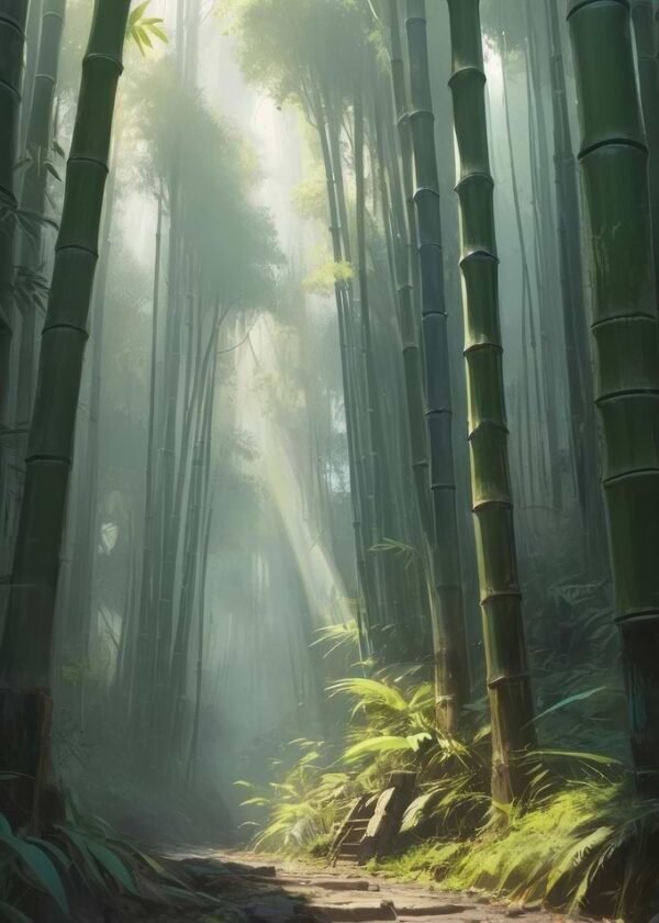 Anime Lo-Fi Landscape of Bamboo Forest Path