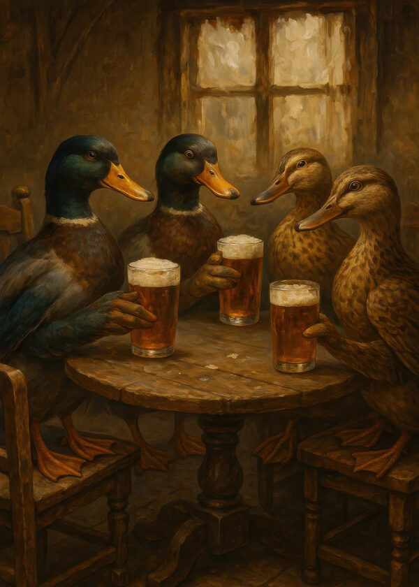 Ducks Drinking Beer at a Table