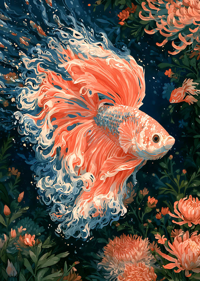 Elegant Coral Betta Fish in Flowers