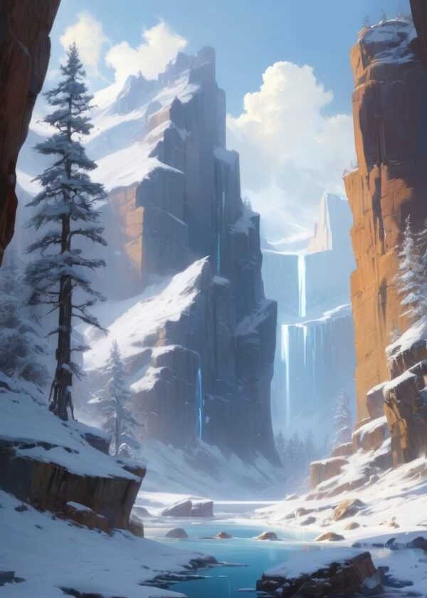 Anime Lo-Fi Landscape of Snowy Mountain Valley