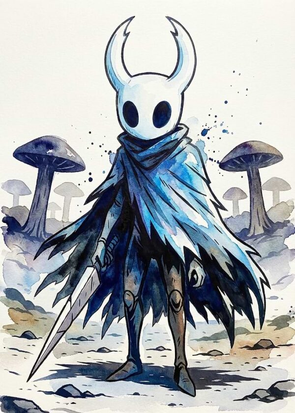 Hollow Knight Character with Sword and Mushrooms