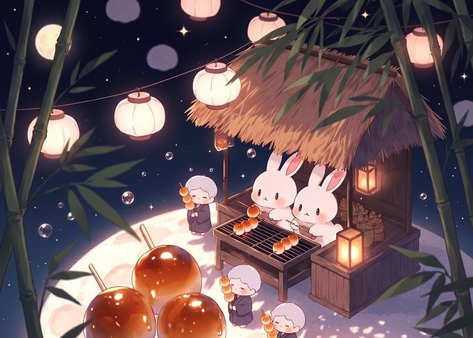 Cute Anime Bunnies and Monks at a Night Market